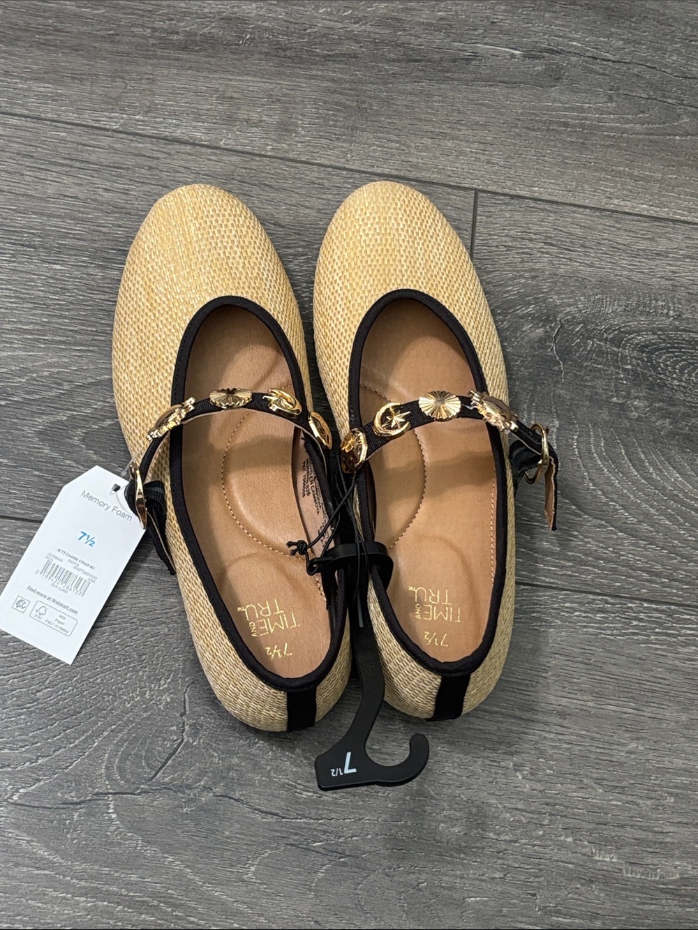 Time and Tru Beige Mary Jane Flats with Black Trim and Gold Accents
